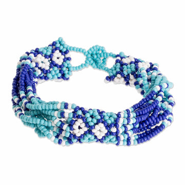 Blue Glass Bead Bracelet - Flower Harmony in Blue