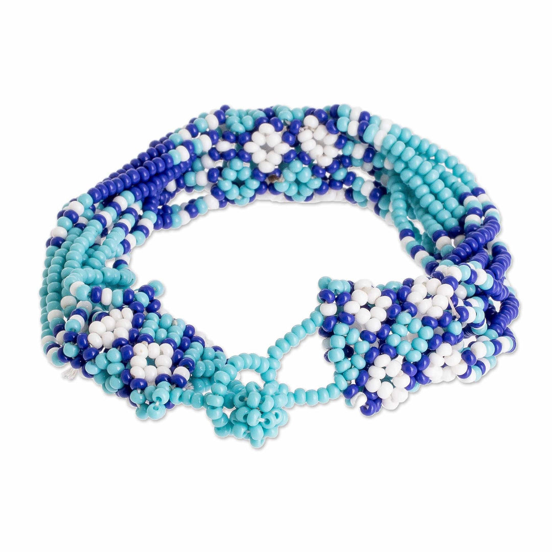 Blue Glass Bead Bracelet - Flower Harmony in Blue