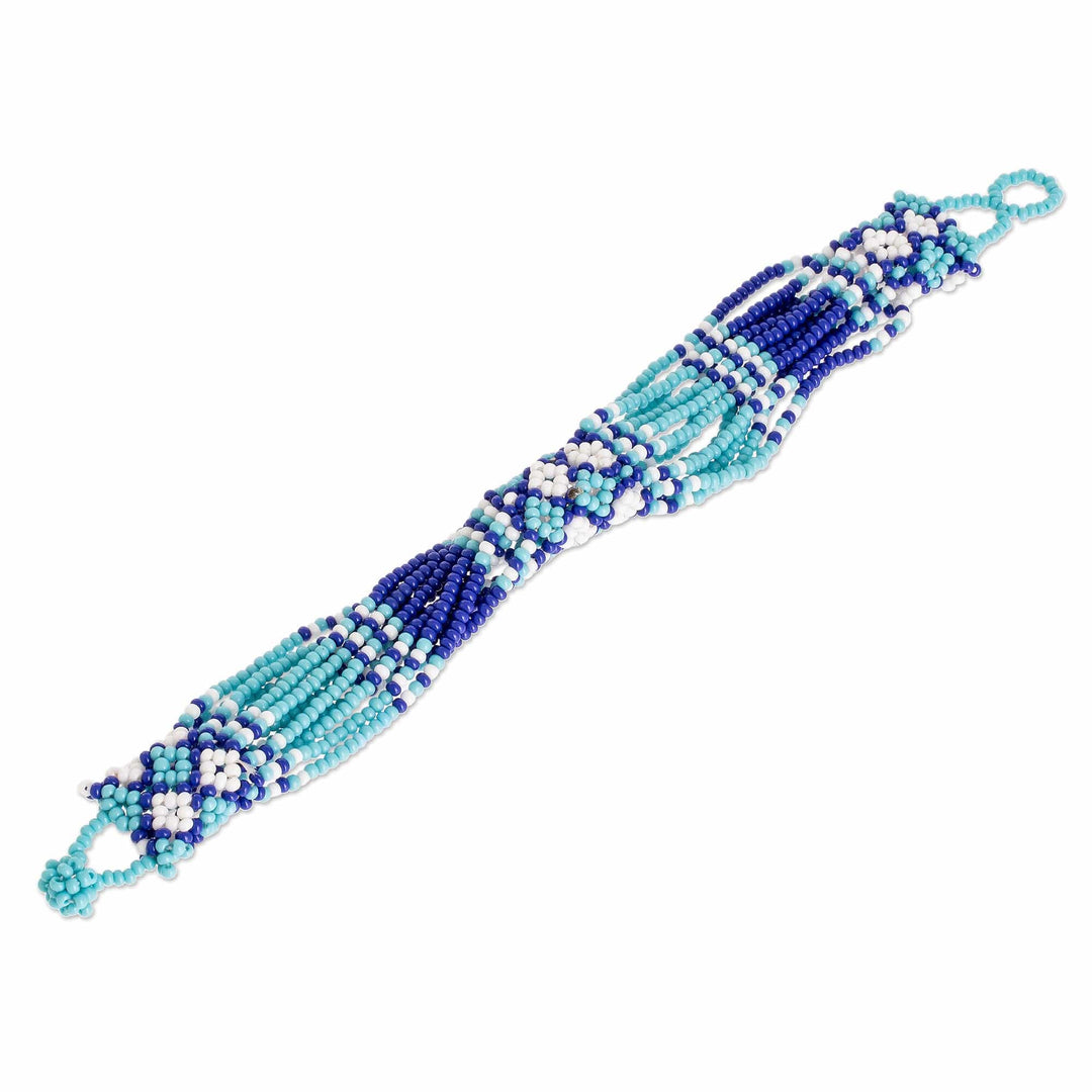 Blue Glass Bead Bracelet - Flower Harmony in Blue