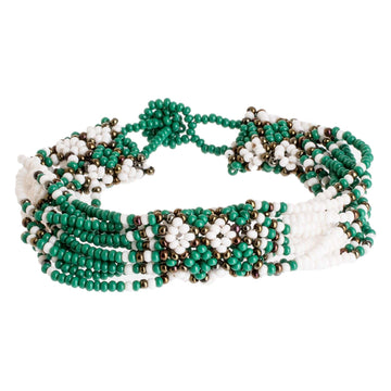Green and White Beaded Bracelet - Flower Harmony in Green