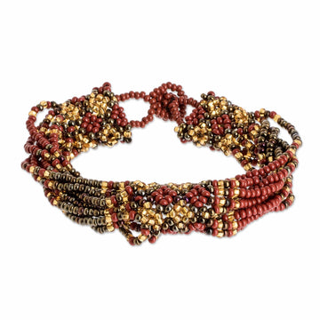 Handmade Beaded Wristband Bracelet - Flower Harmony in Russet