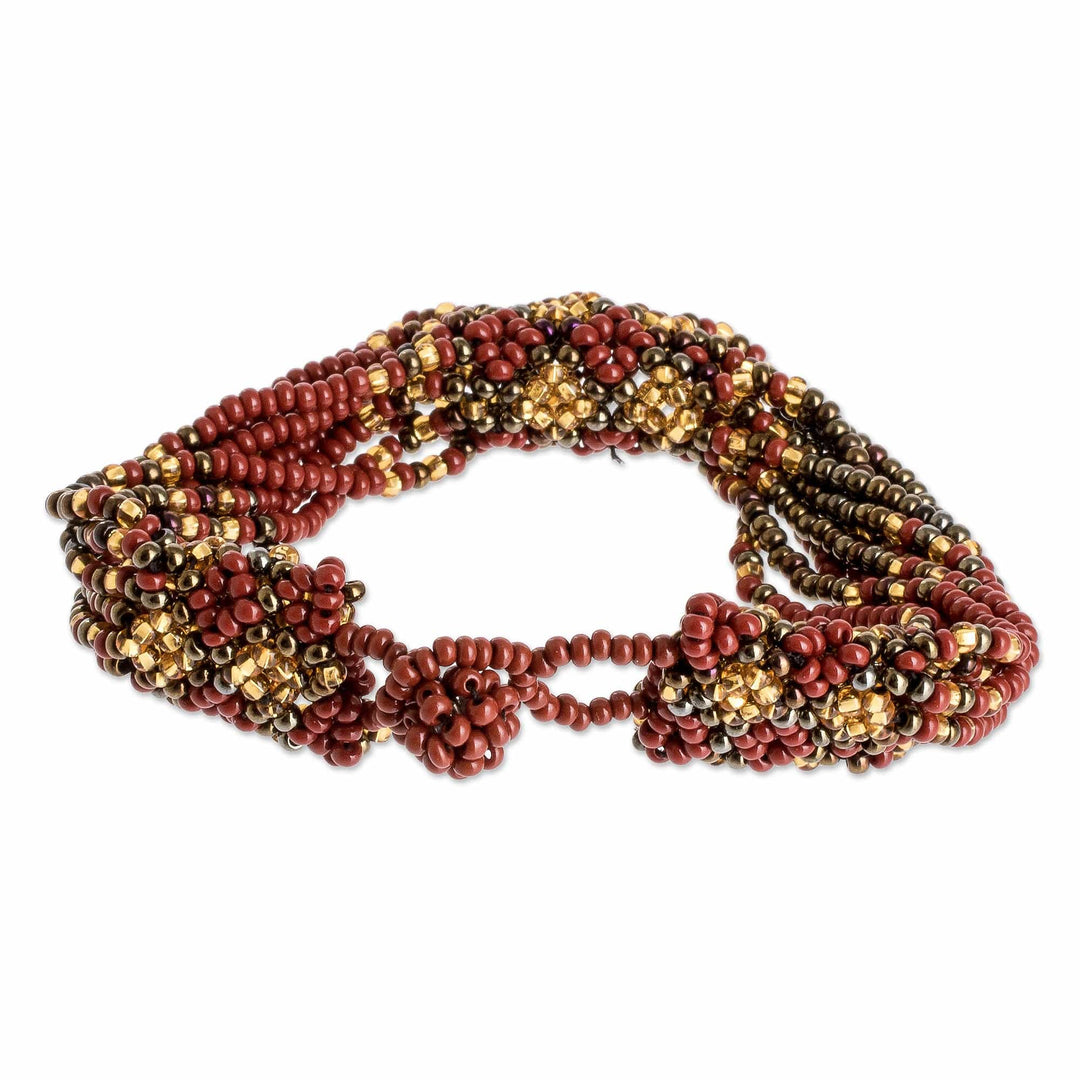 Handmade Beaded Wristband Bracelet - Flower Harmony in Russet