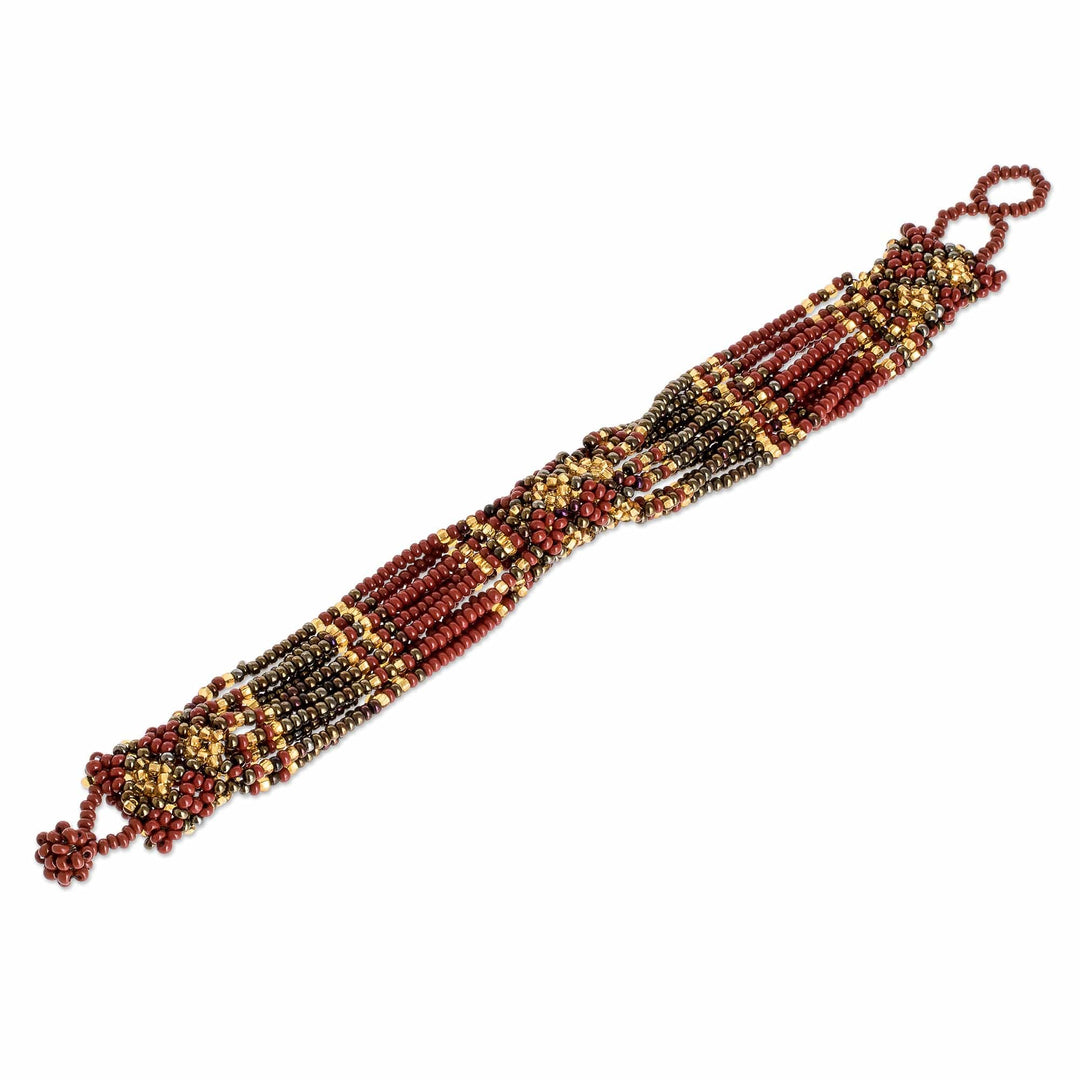 Handmade Beaded Wristband Bracelet - Flower Harmony in Russet