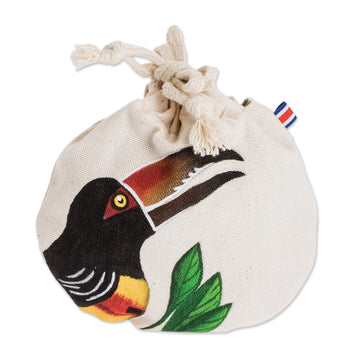 Hand Painted Costa Rican Toucan Cotton Drawstring Pouch - Ariel Toucan