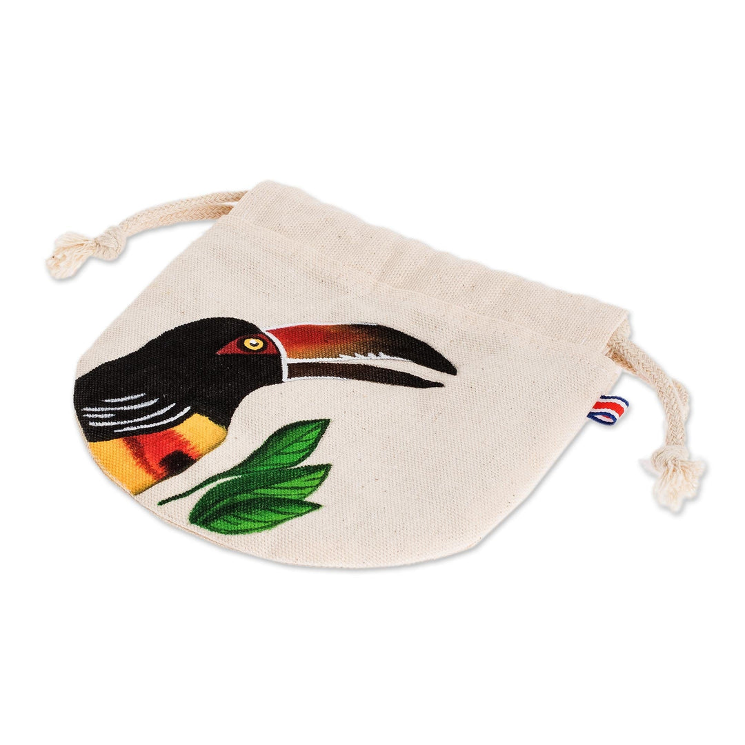 Hand Painted Costa Rican Toucan Cotton Drawstring Pouch - Ariel Toucan