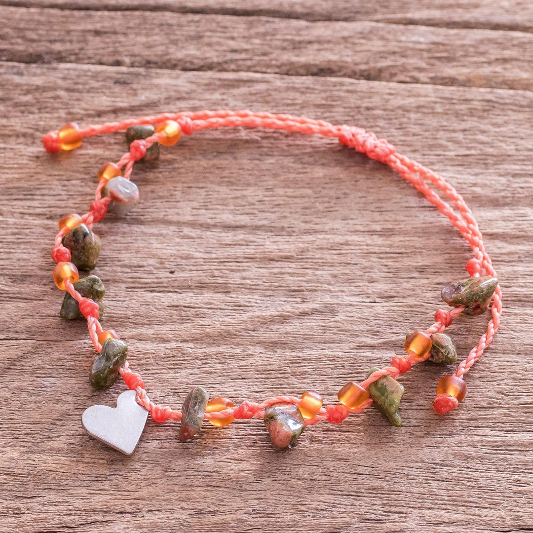 Beaded Unakite Charm Bracelet - Melon Heart