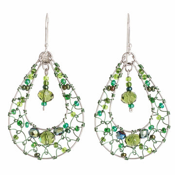 Double Drop Dangle Earrings with Green Crystals and Filigree - Green Drop Sparkle