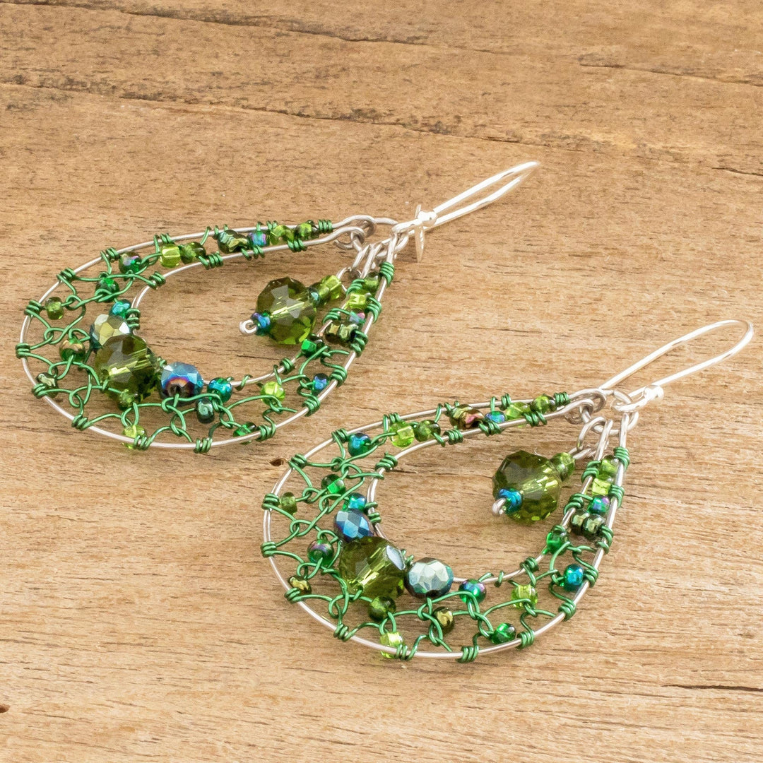 Double Drop Dangle Earrings with Green Crystals and Filigree - Green Drop Sparkle