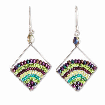 Handmade Green and Purple Glass Beaded Dangle Earrings - Green and Purple Rainbow