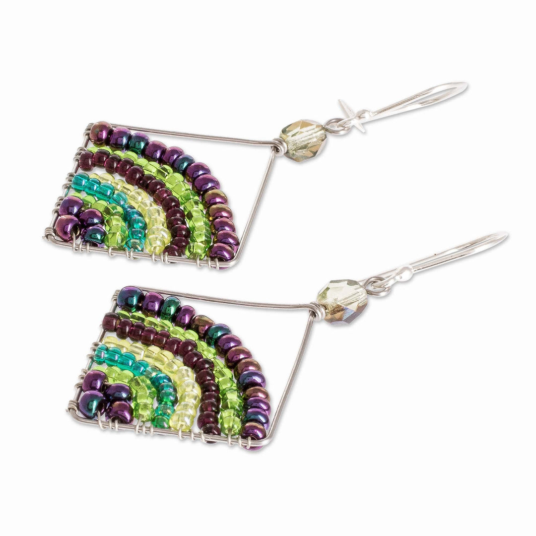 Handmade Green and Purple Glass Beaded Dangle Earrings - Green and Purple Rainbow