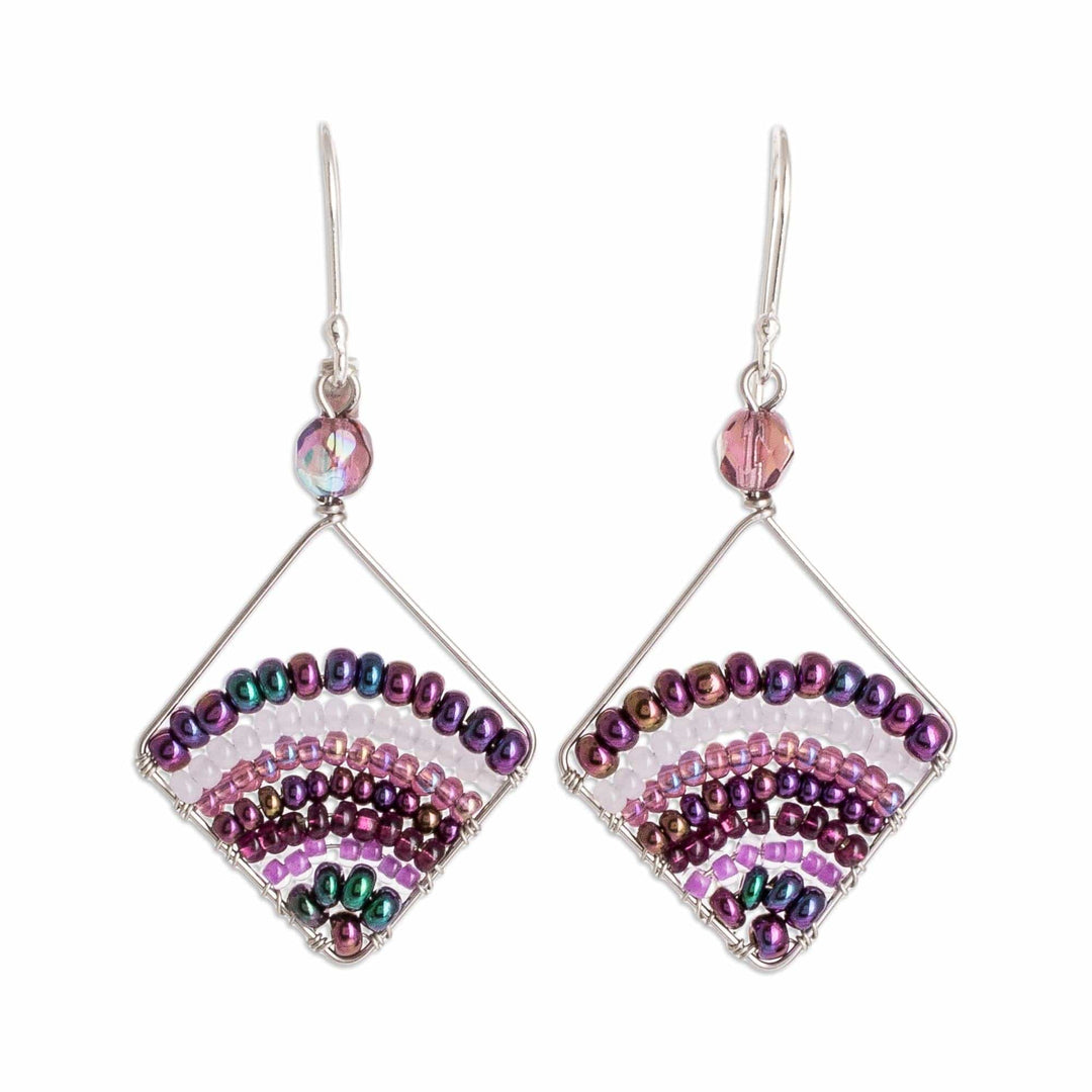 Purple Dangle Earrings With Glass Beads and Silver Hooks - Purple Bead Rainbow