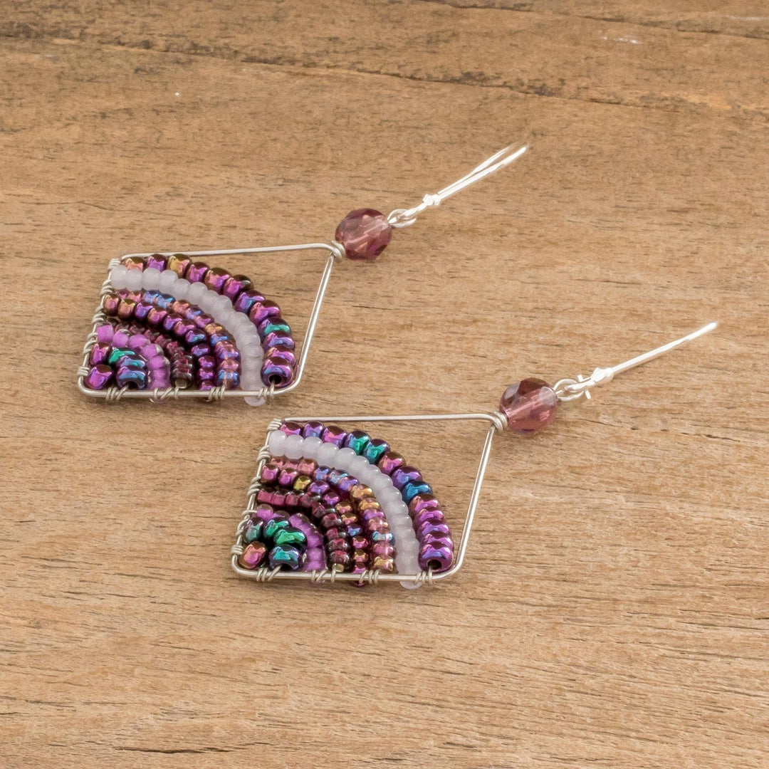 Purple Dangle Earrings With Glass Beads and Silver Hooks - Purple Bead Rainbow