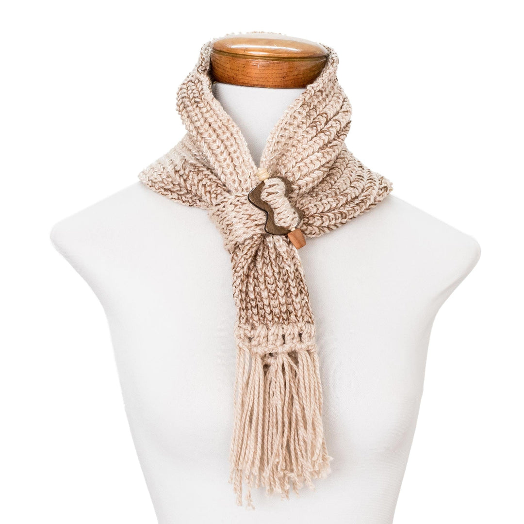 Nutmeg Brown and Beige Knit Scarf with Wood Clip - Costa Rican Nutmeg
