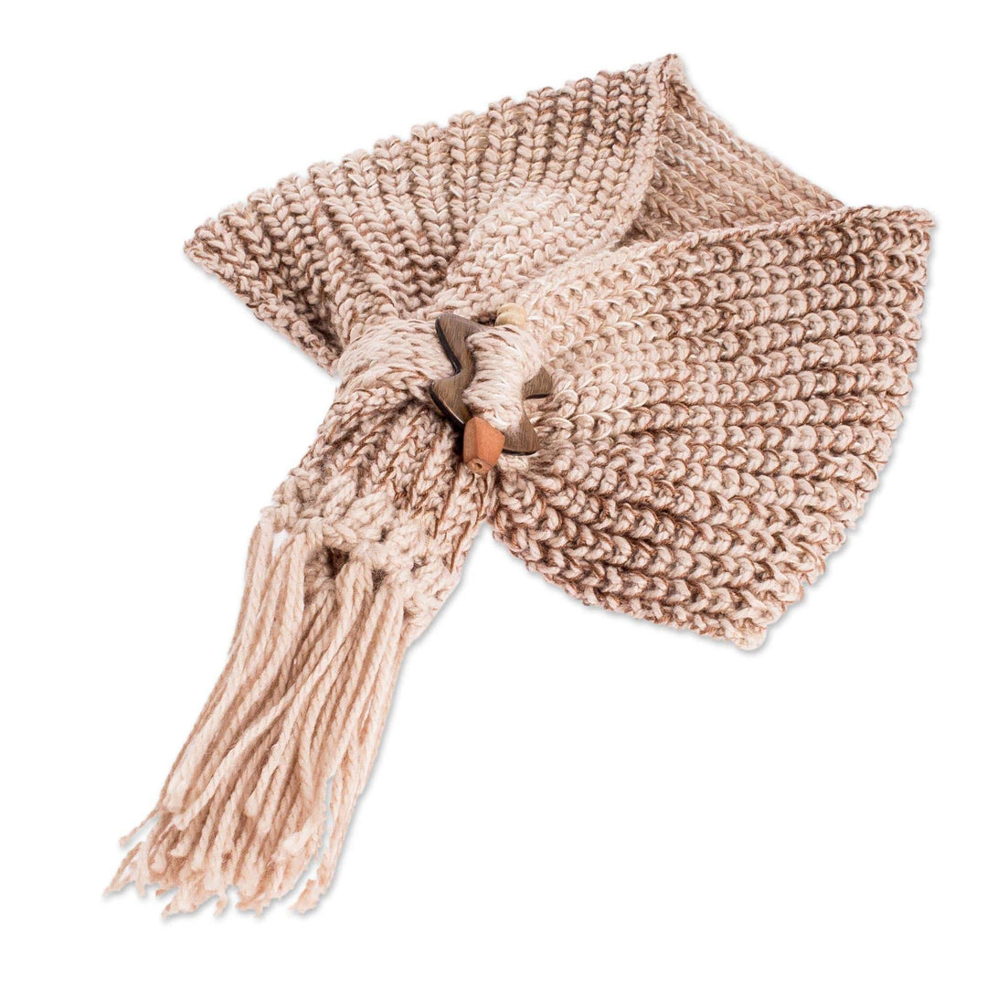 Nutmeg Brown and Beige Knit Scarf with Wood Clip - Costa Rican Nutmeg