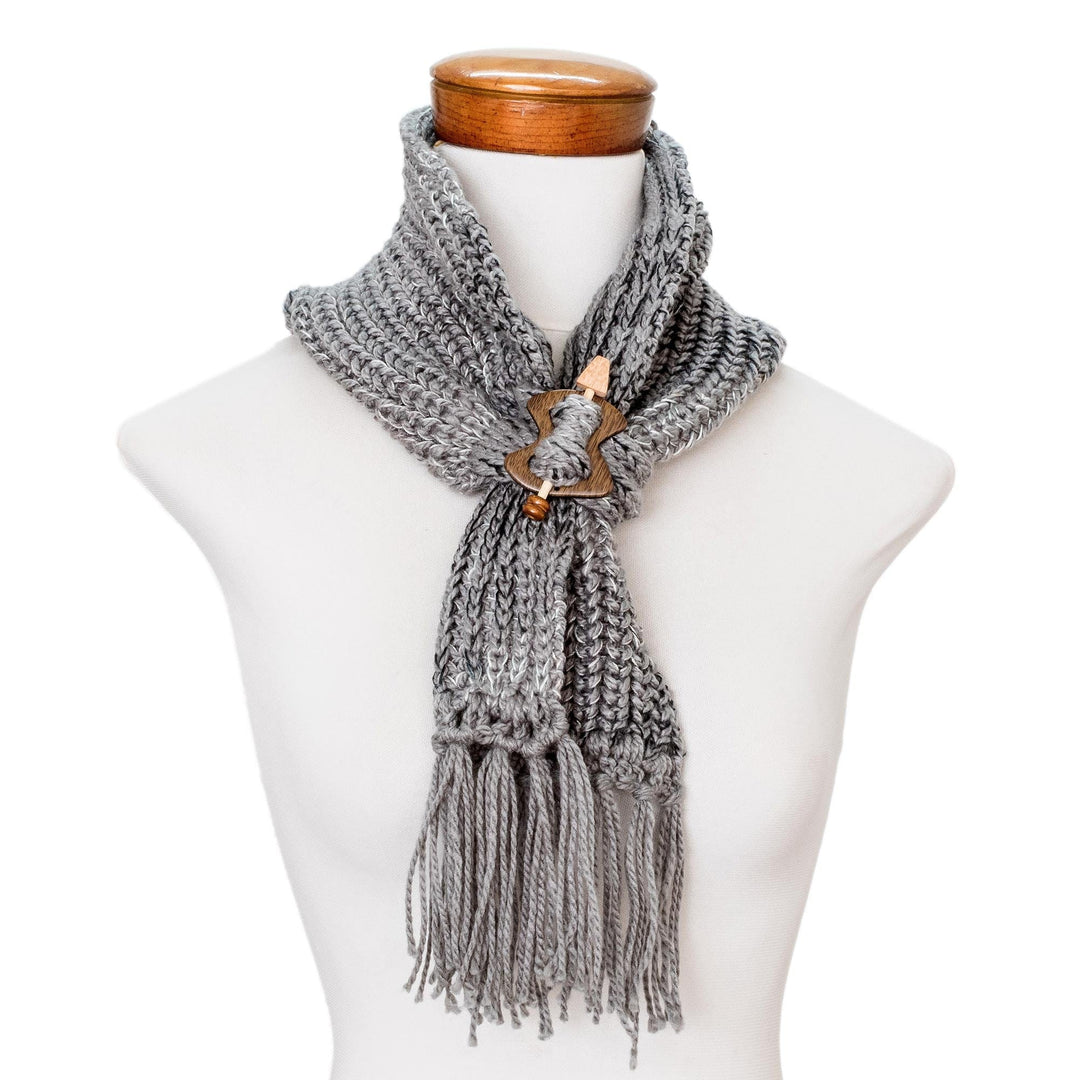 Acrylic Multi Grey Tone Wrap Scarf with Wood Clip - Costa Rican Grey