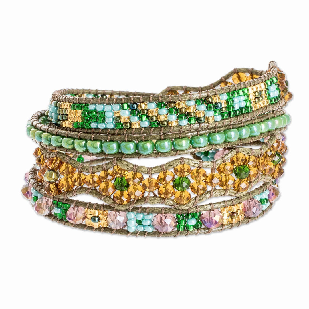 Braided and Beaded Long Wrap Bracelet With Pewter Button - Nature Sparkles