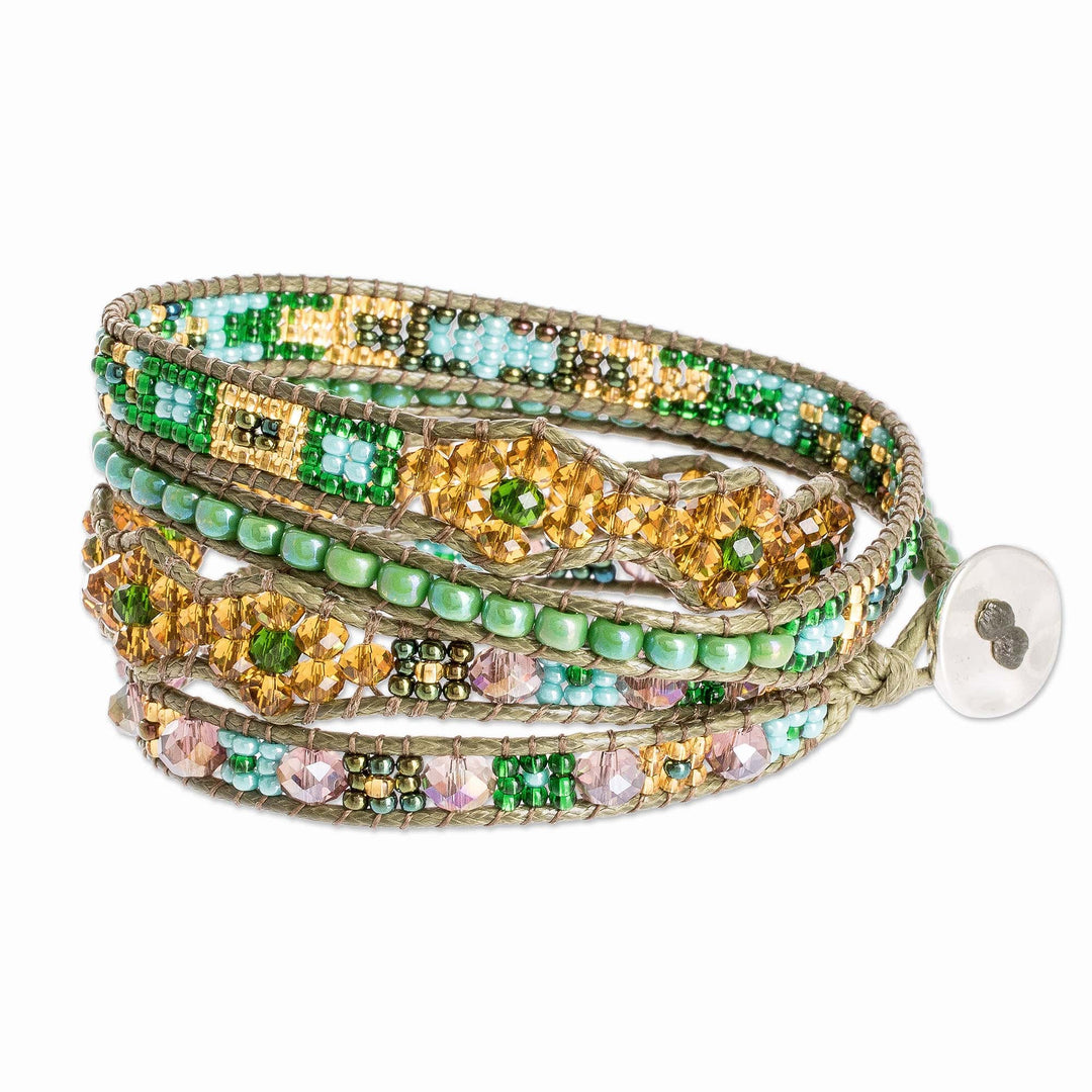Braided and Beaded Long Wrap Bracelet With Pewter Button - Nature Sparkles