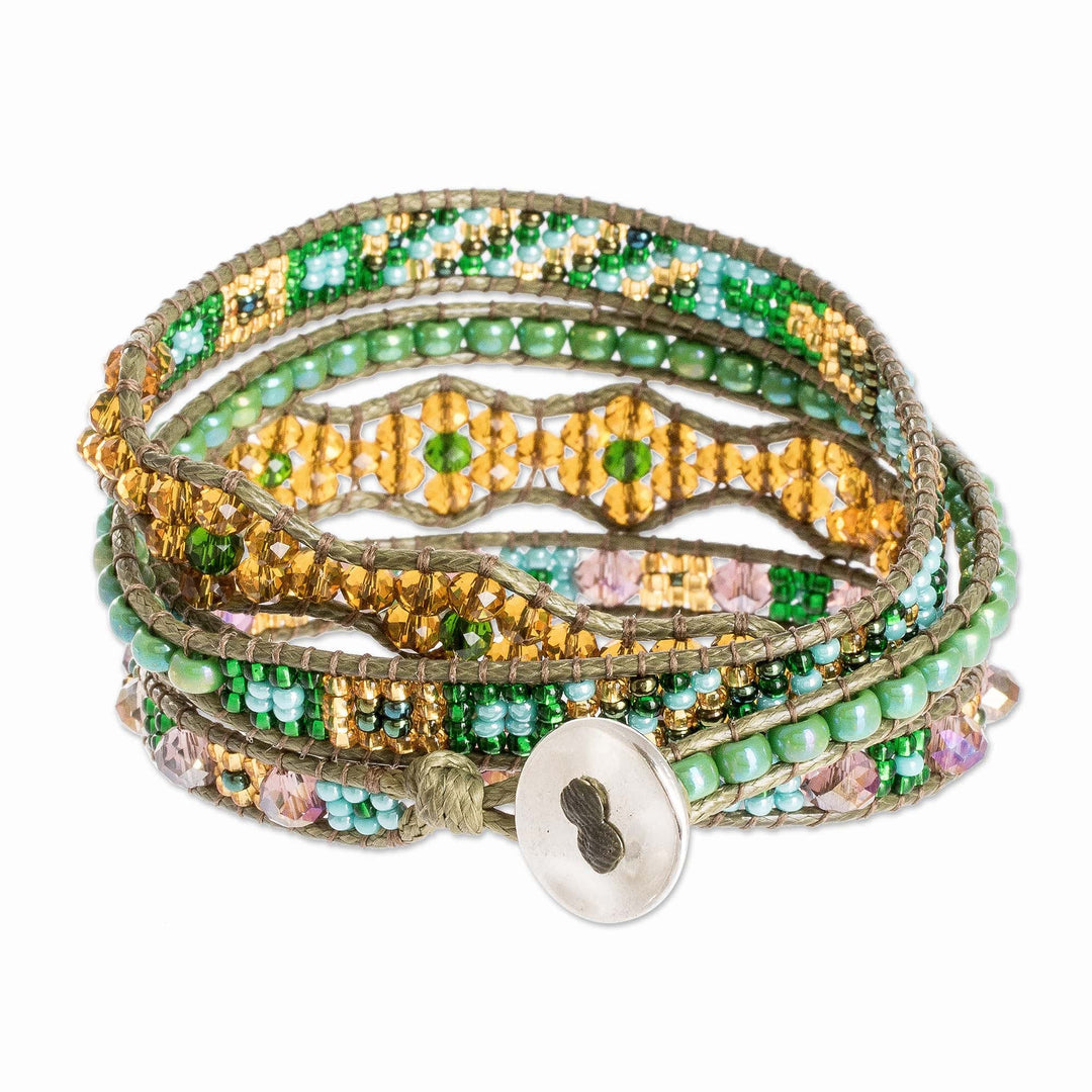 Braided and Beaded Long Wrap Bracelet With Pewter Button - Nature Sparkles