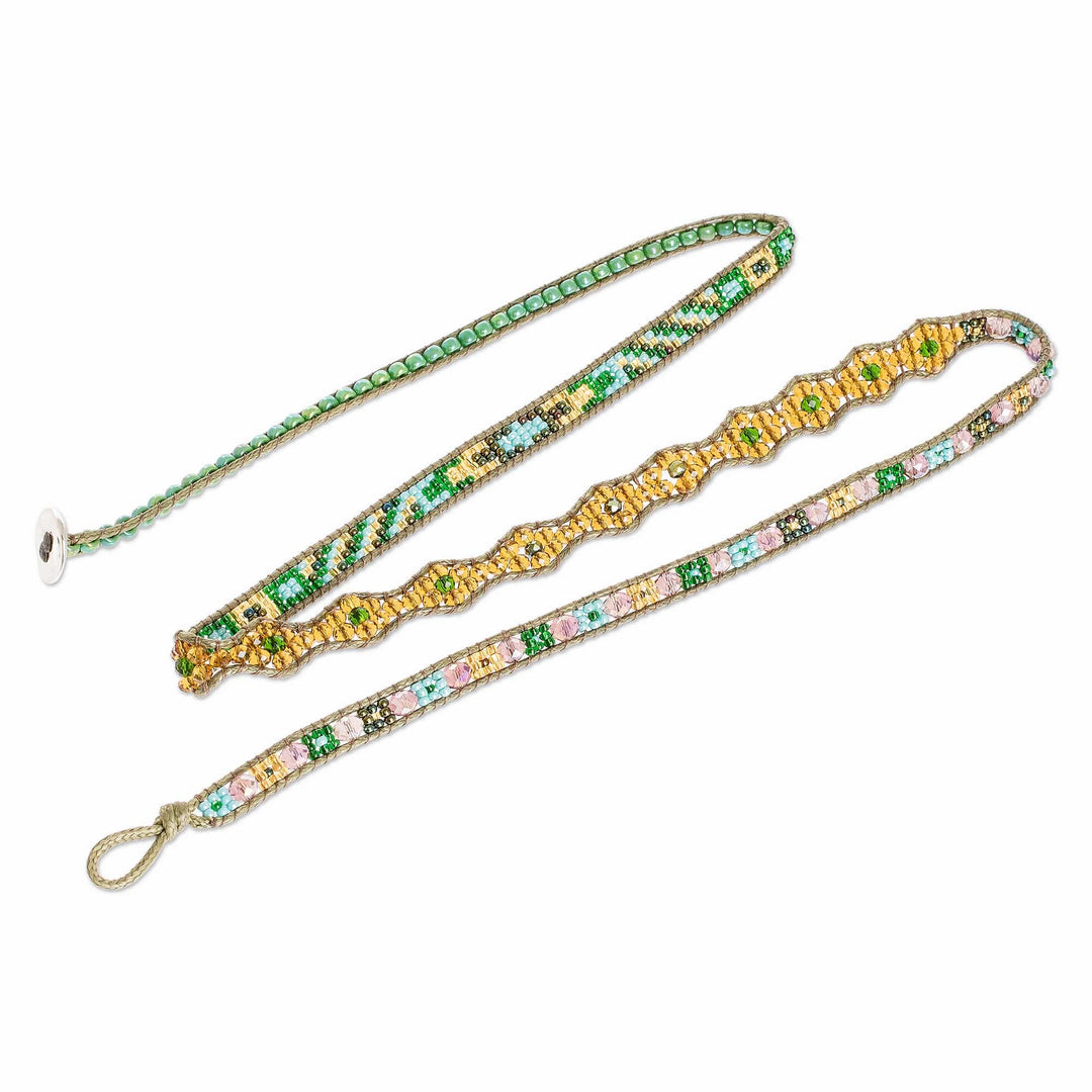 Braided and Beaded Long Wrap Bracelet With Pewter Button - Nature Sparkles