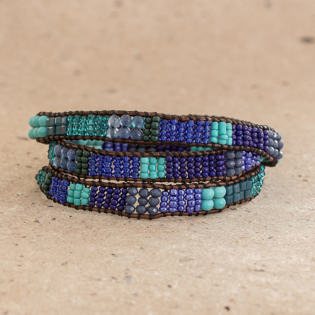 Blue and Sea Green Beaded Bracelet with Leather Trim - Leather-Bound Sea