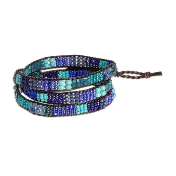 Blue and Sea Green Beaded Bracelet with Leather Trim - Leather-Bound Sea