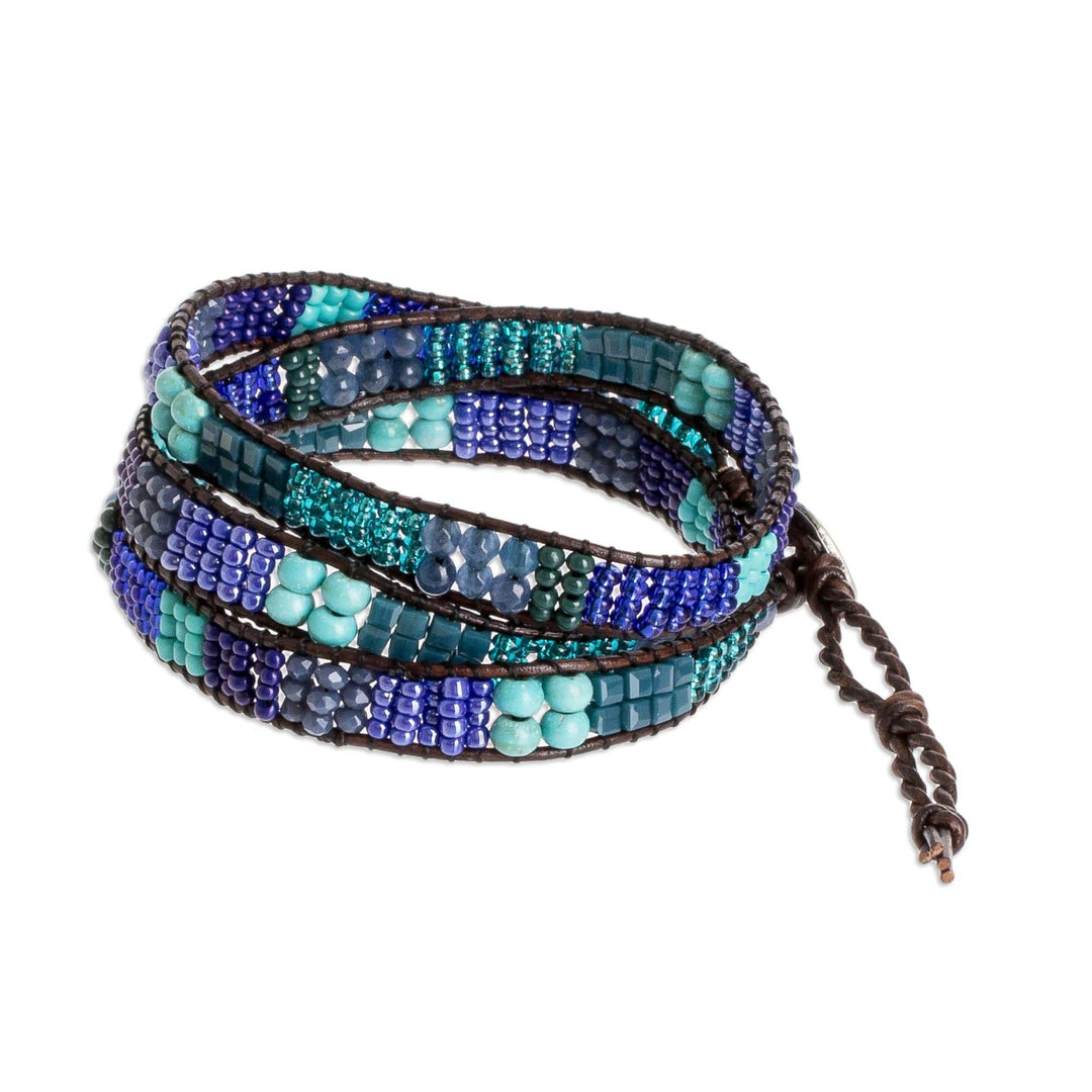 Blue and Sea Green Beaded Bracelet with Leather Trim - Leather-Bound Sea