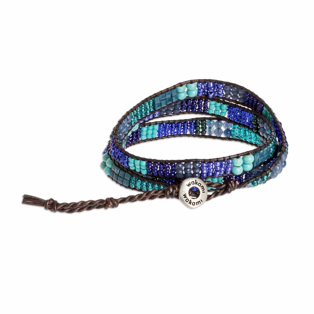 Blue and Sea Green Beaded Bracelet with Leather Trim - Leather-Bound Sea