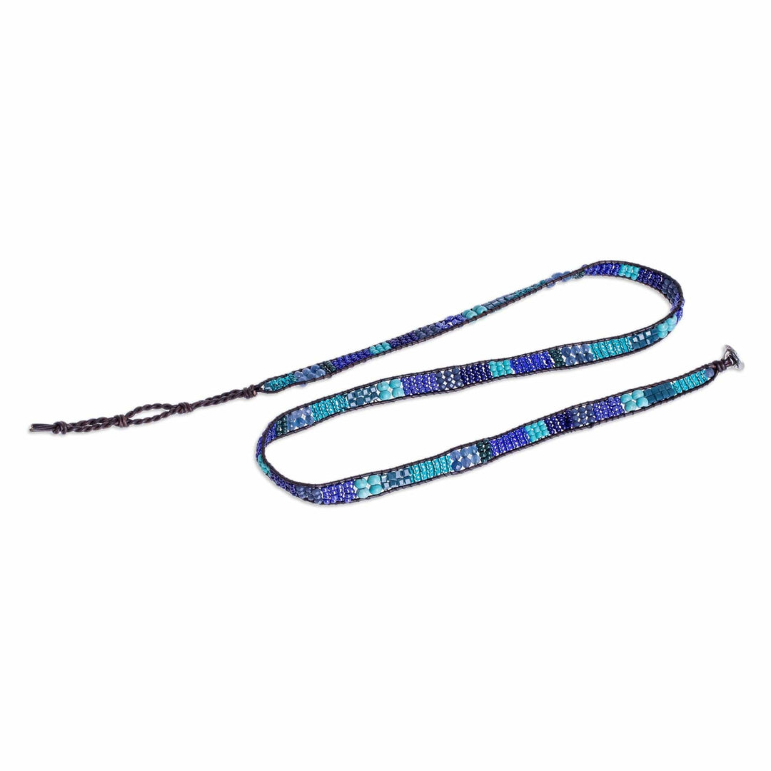 Blue and Sea Green Beaded Bracelet with Leather Trim - Leather-Bound Sea