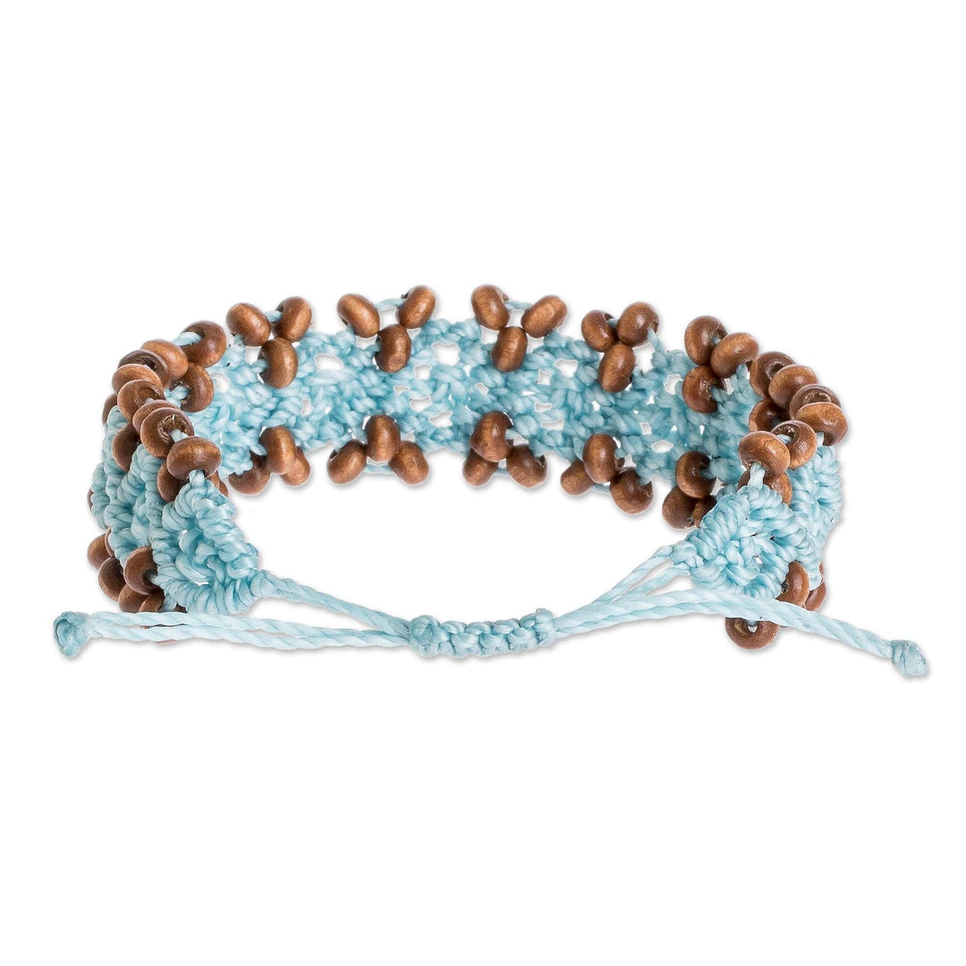 Pine Wood Beaded Rhomboid Macrame Bracelet in Light Blue - Boats on the Sea