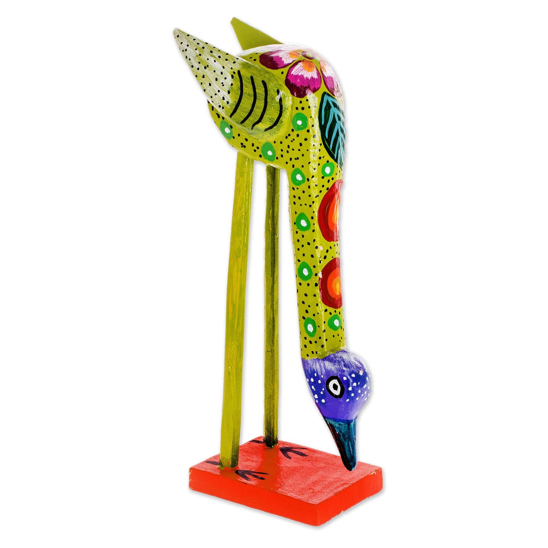 Hand-Painted Wood Bird Statuette - Colorful Heron