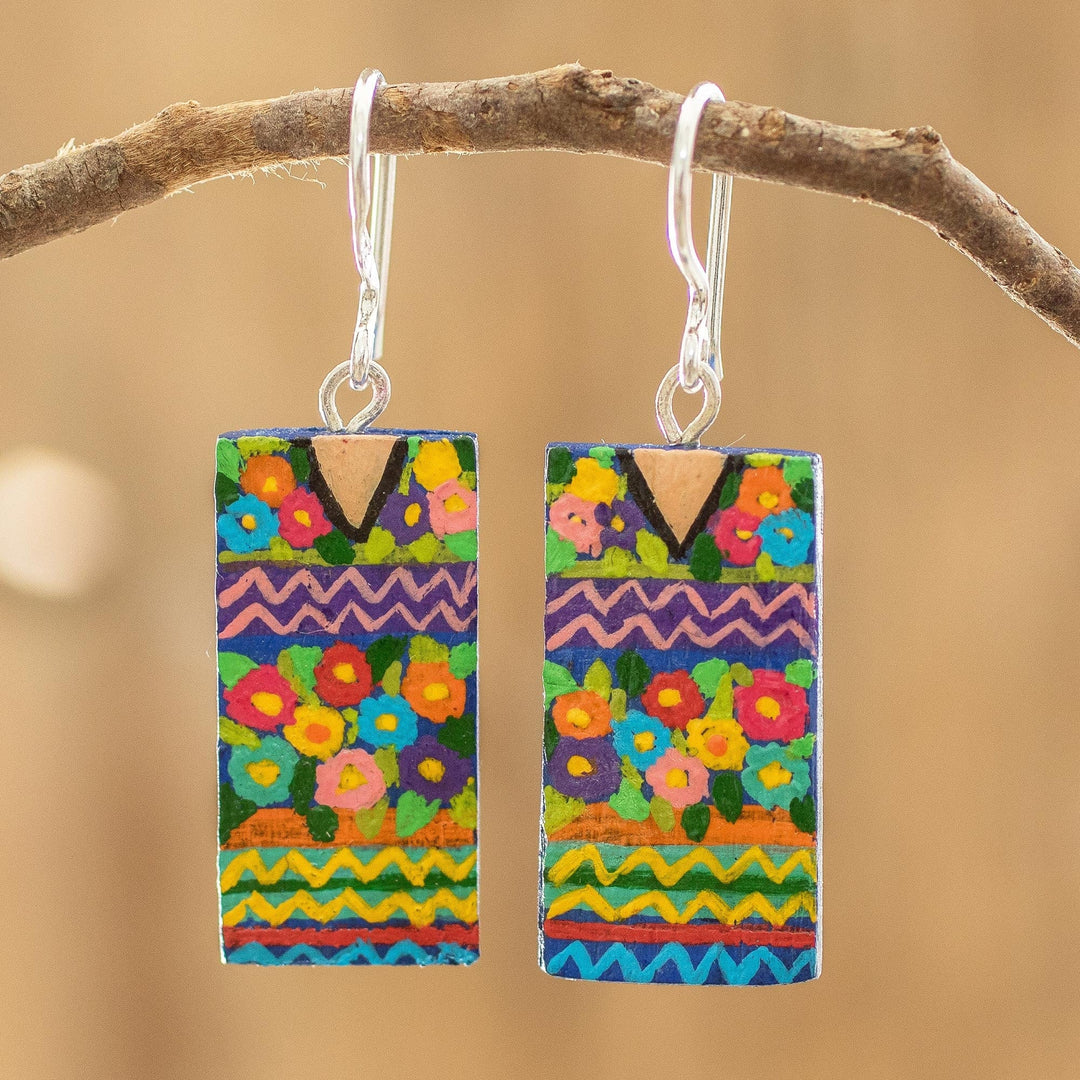 Cedar Wood Hand Painted Dangle Earrings with Huipil Design - San Antonio Huipil