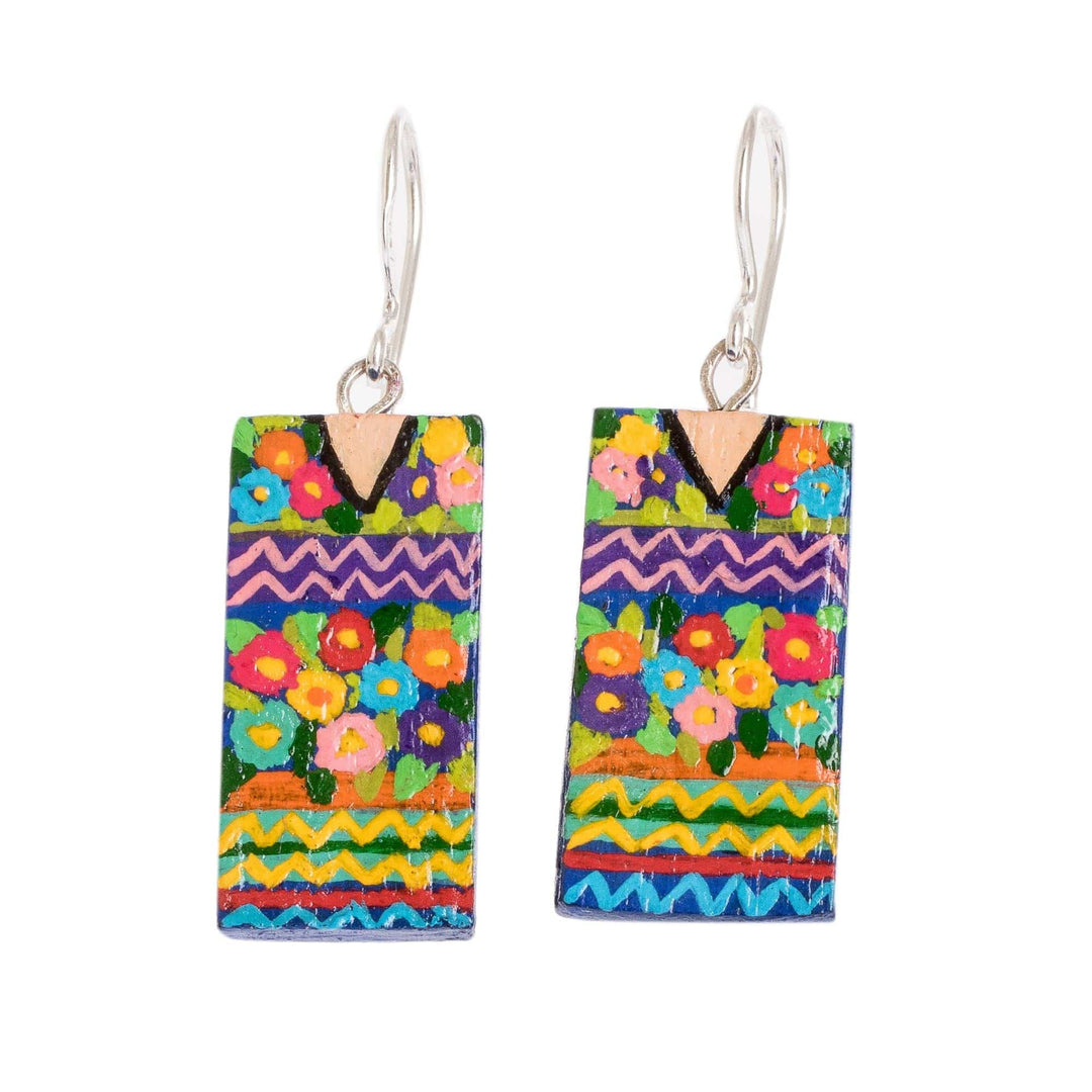 Cedar Wood Hand Painted Dangle Earrings with Huipil Design - San Antonio Huipil