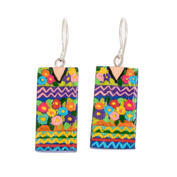 Cedar Wood Hand Painted Dangle Earrings with Huipil Design - San Antonio Huipil