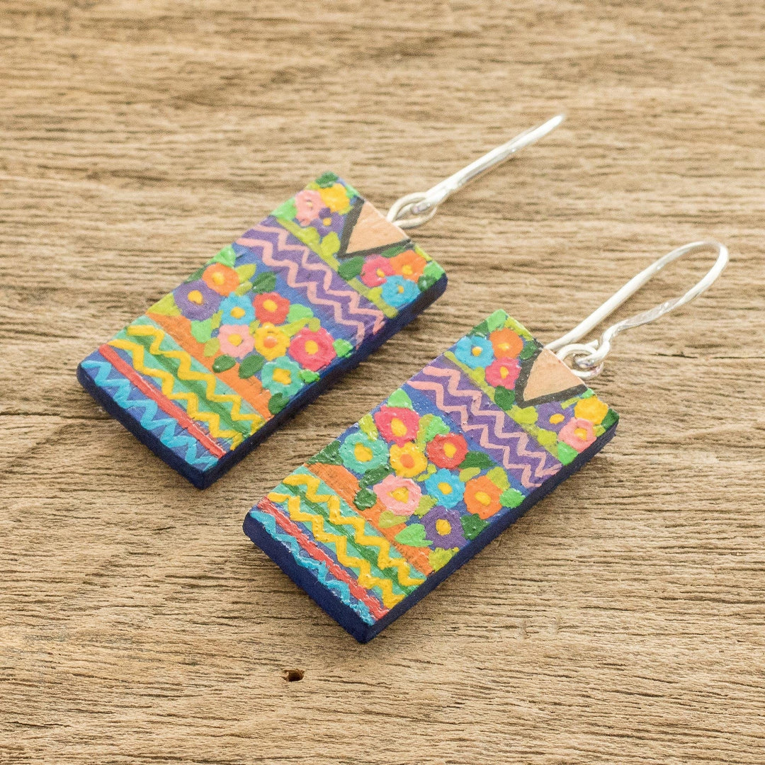 Cedar Wood Hand Painted Dangle Earrings with Huipil Design - San Antonio Huipil