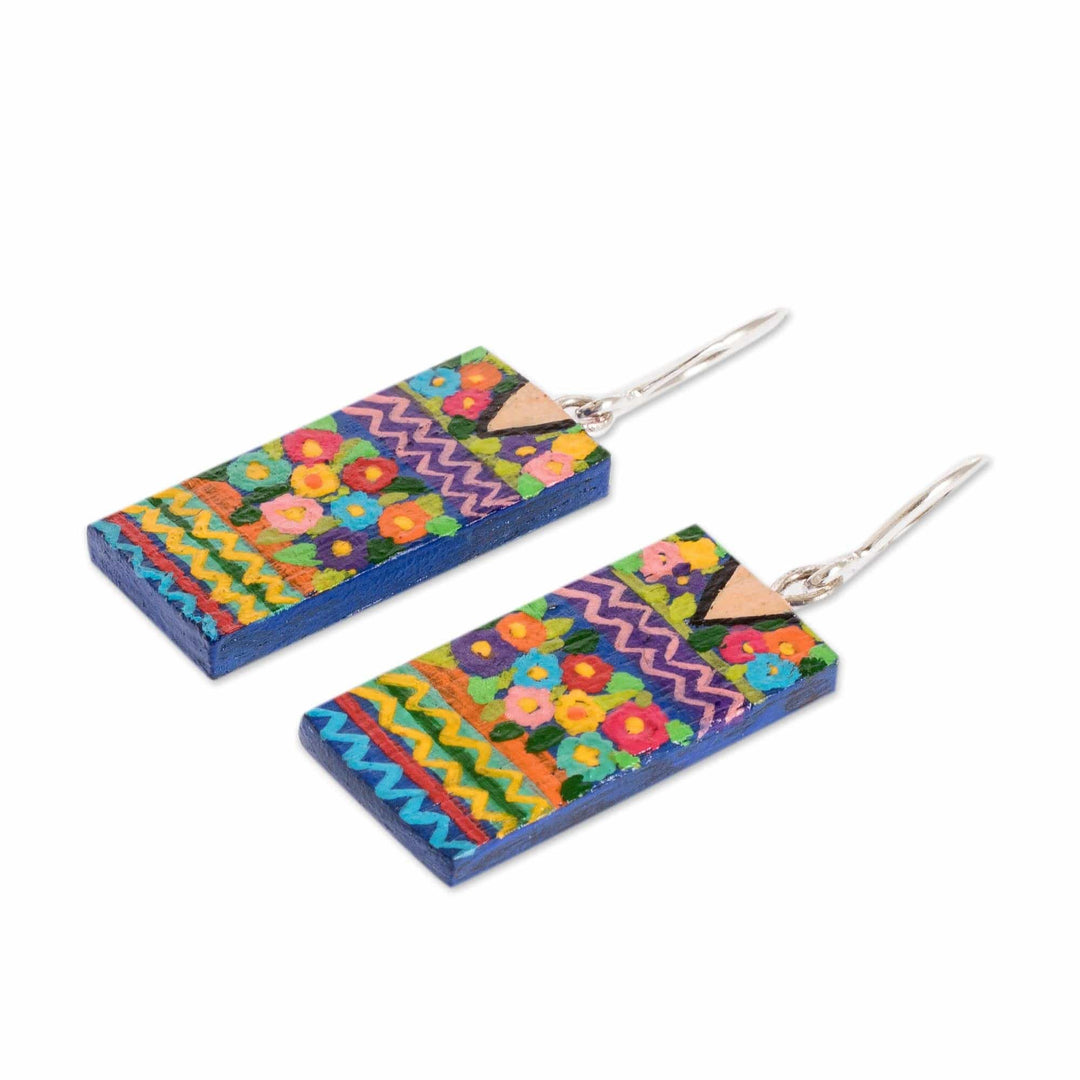 Cedar Wood Hand Painted Dangle Earrings with Huipil Design - San Antonio Huipil