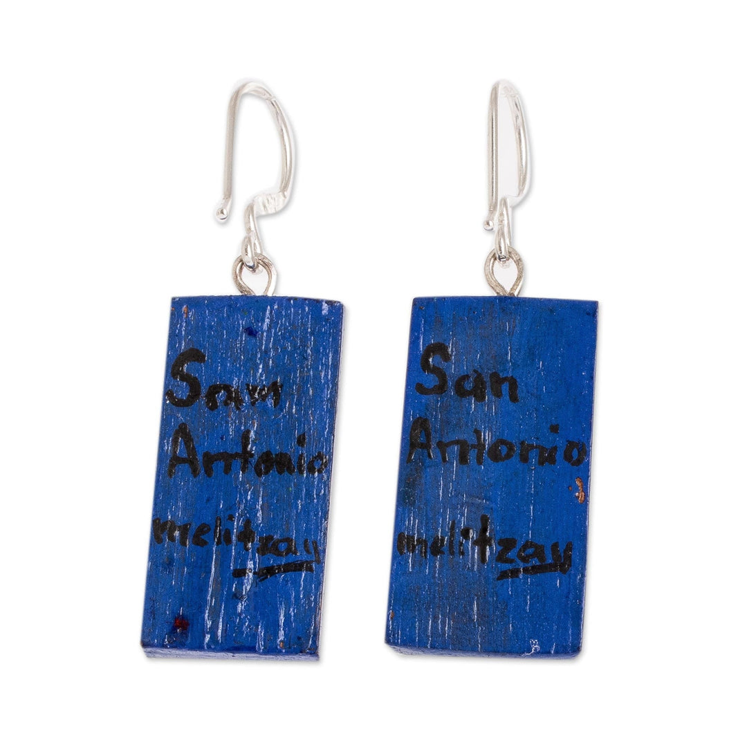 Cedar Wood Hand Painted Dangle Earrings with Huipil Design - San Antonio Huipil