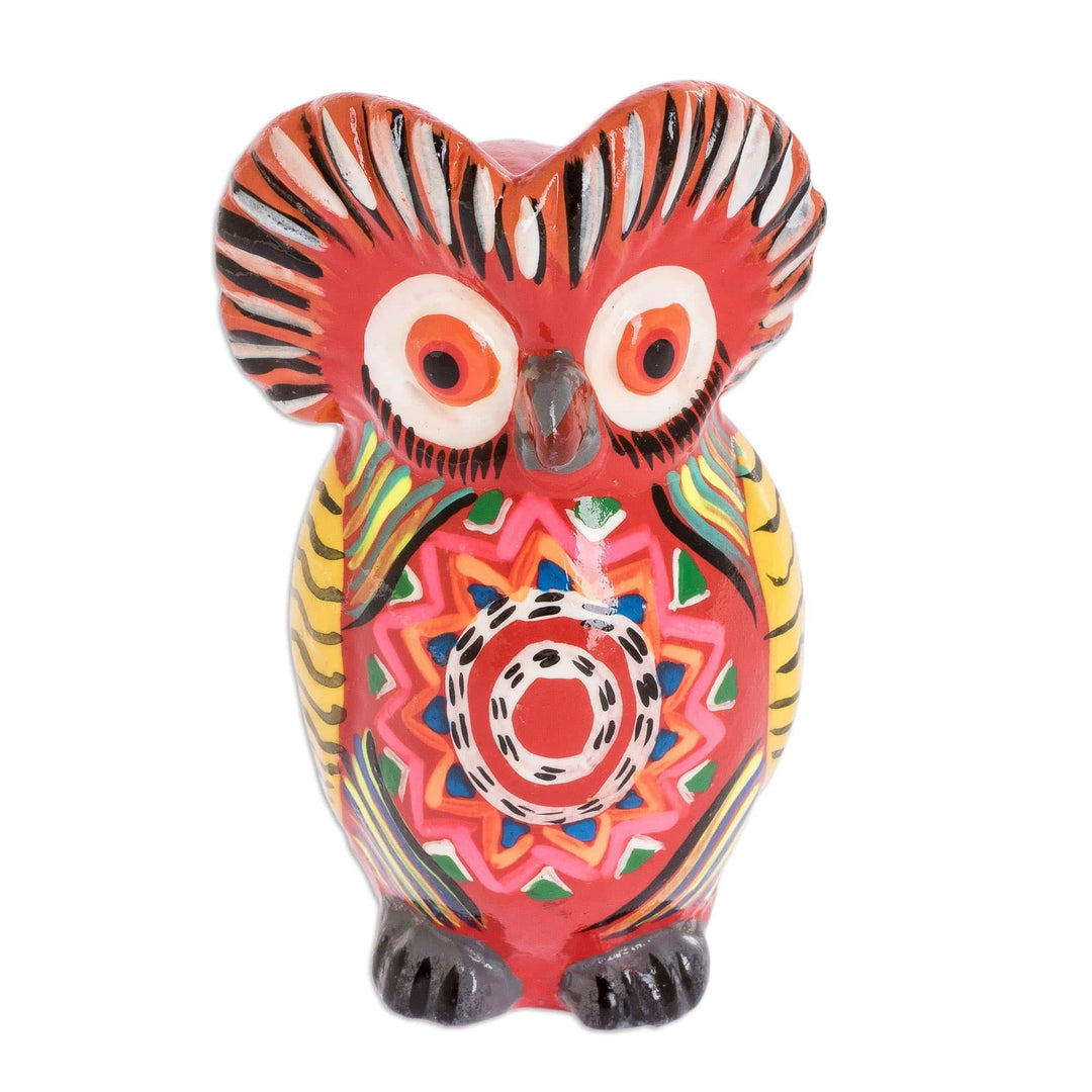 Red Ceramic Owl Figure with Geometric Design on Chest - Mandala Owl