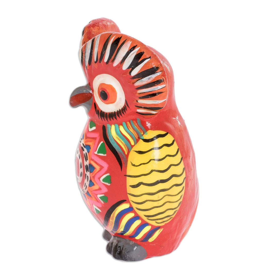 Red Ceramic Owl Figure with Geometric Design on Chest - Mandala Owl