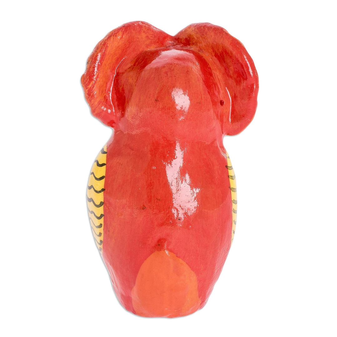 Red Ceramic Owl Figure with Geometric Design on Chest - Mandala Owl