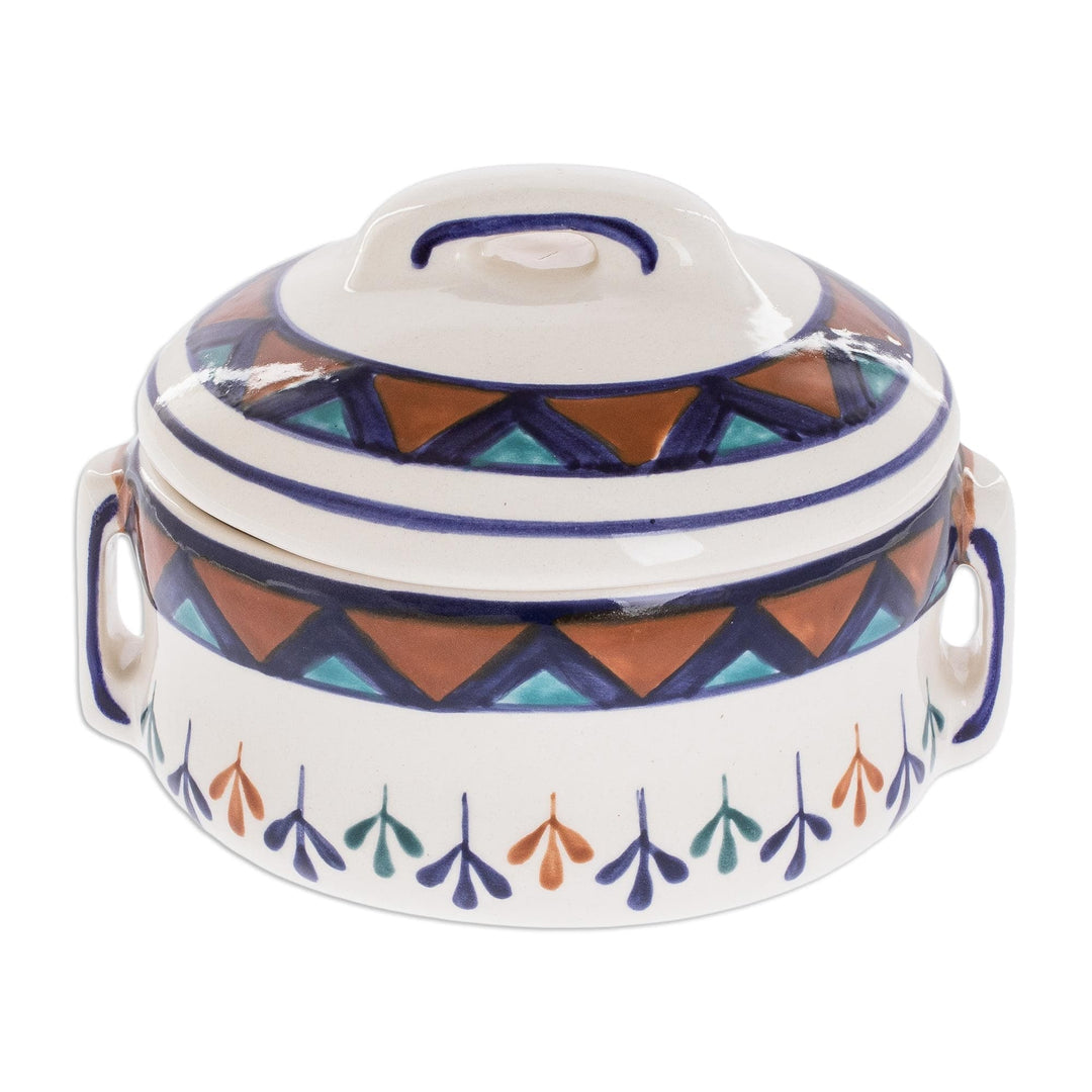 Off-White Ceramic Covered Bowl with Geometric Design - Antigua Breeze