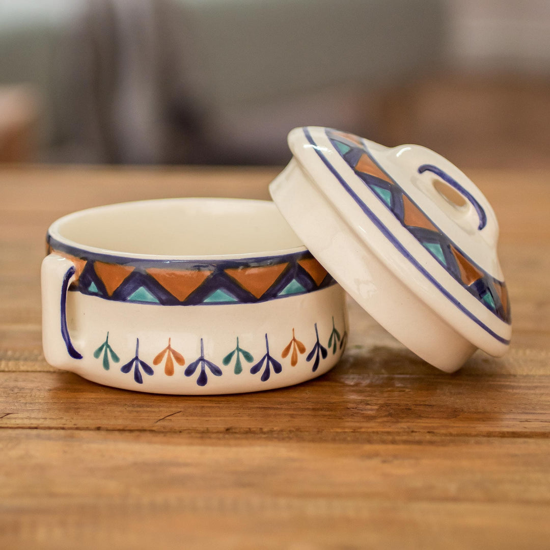 Off-White Ceramic Covered Bowl with Geometric Design - Antigua Breeze