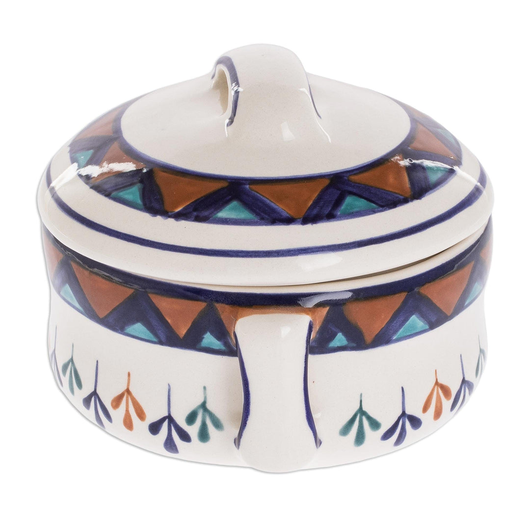 Off-White Ceramic Covered Bowl with Geometric Design - Antigua Breeze