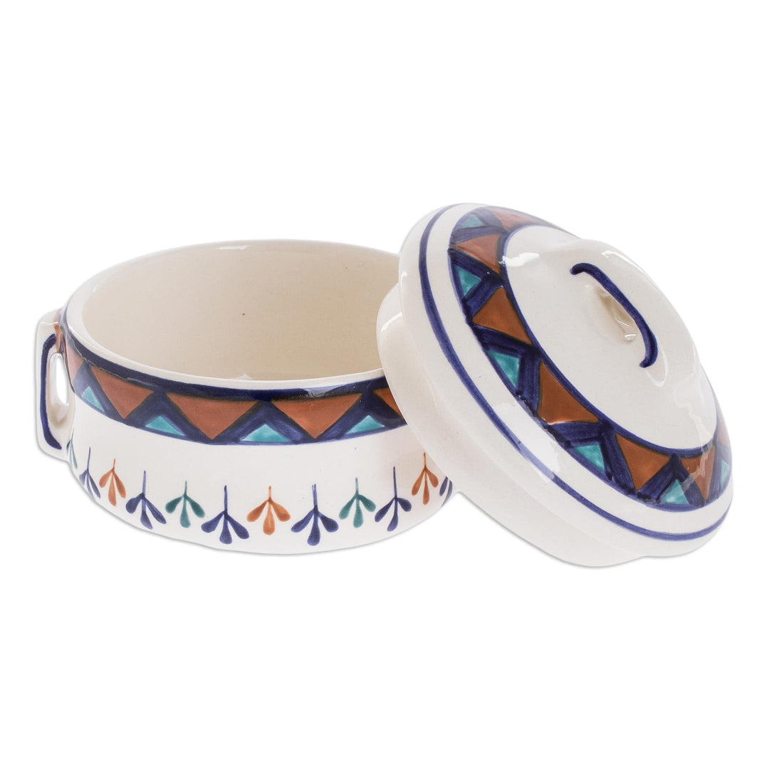 Off-White Ceramic Covered Bowl with Geometric Design - Antigua Breeze