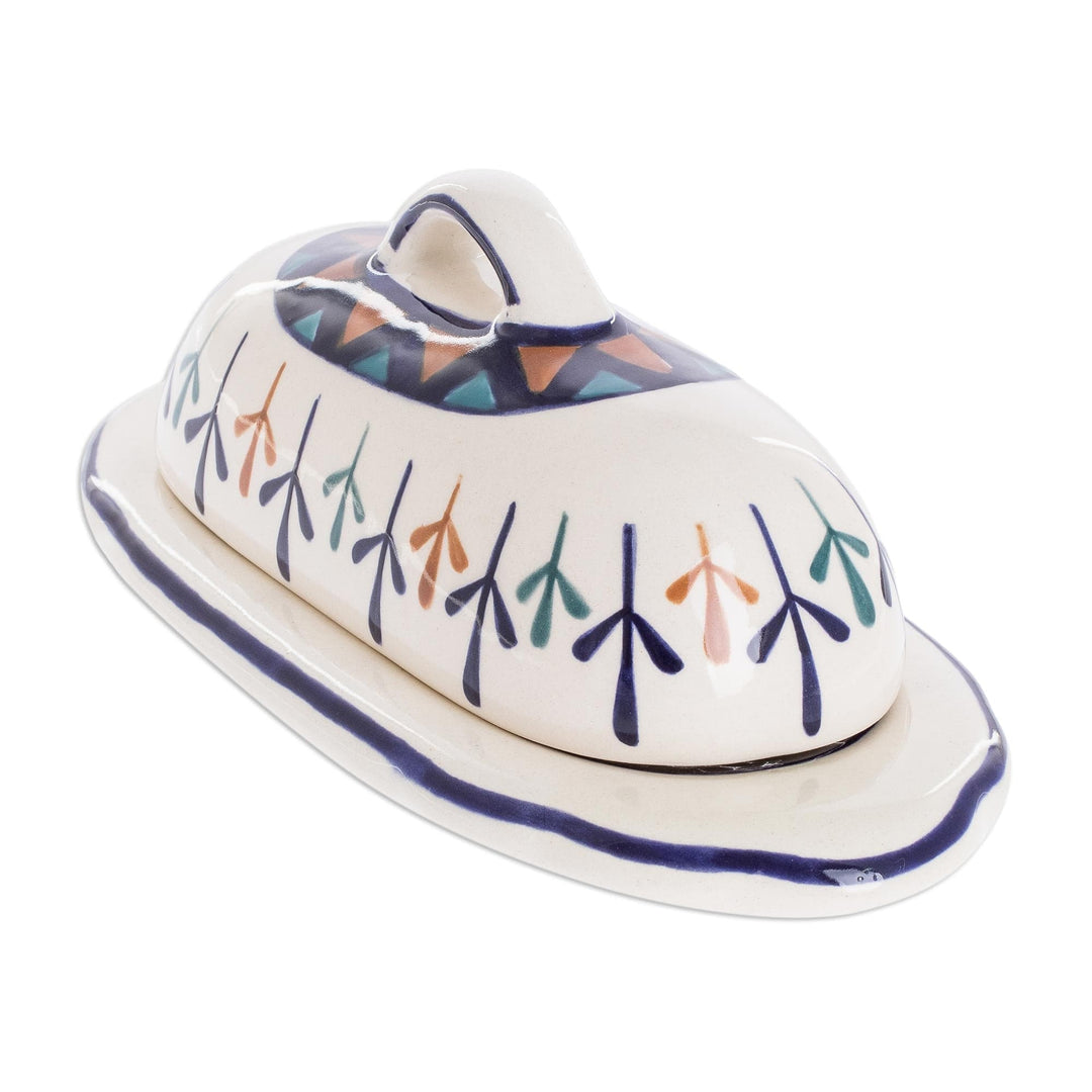 Ceramic Hand Painted Butter Dish with Geometric Design - Antigua Breeze