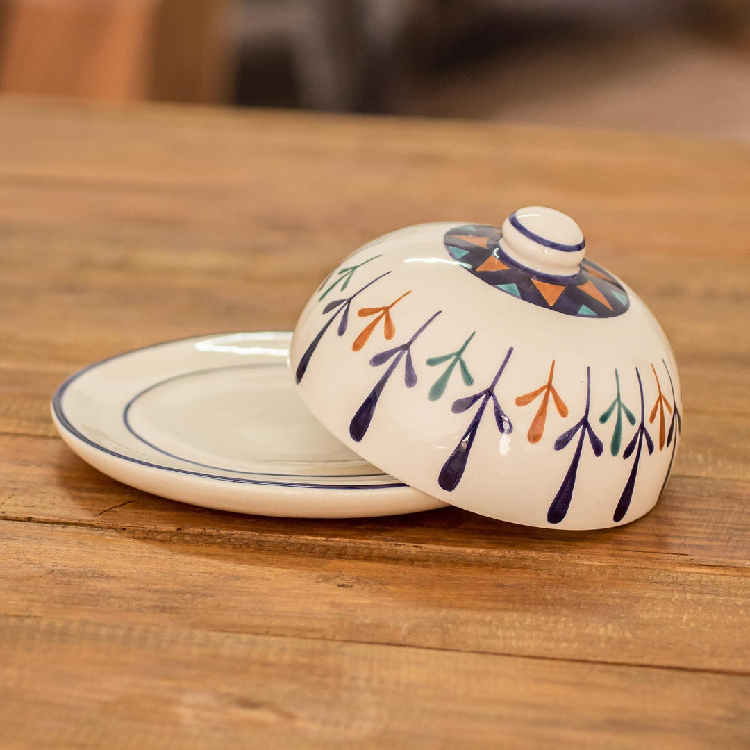 Ceramic Hand Painted Geometric Design Covered Cheese Dish - Antigua Breeze