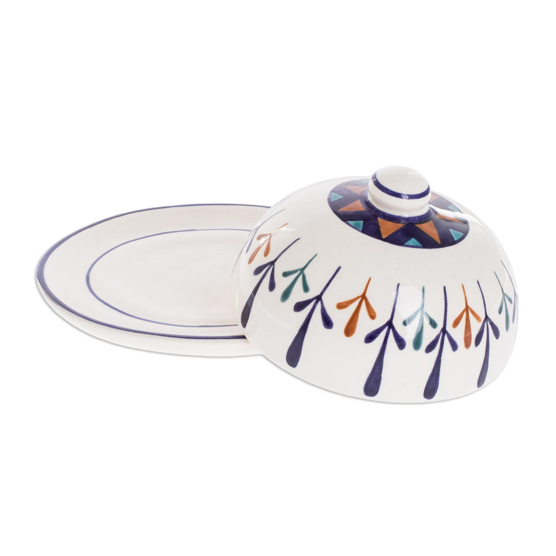 Ceramic Hand Painted Geometric Design Covered Cheese Dish - Antigua Breeze