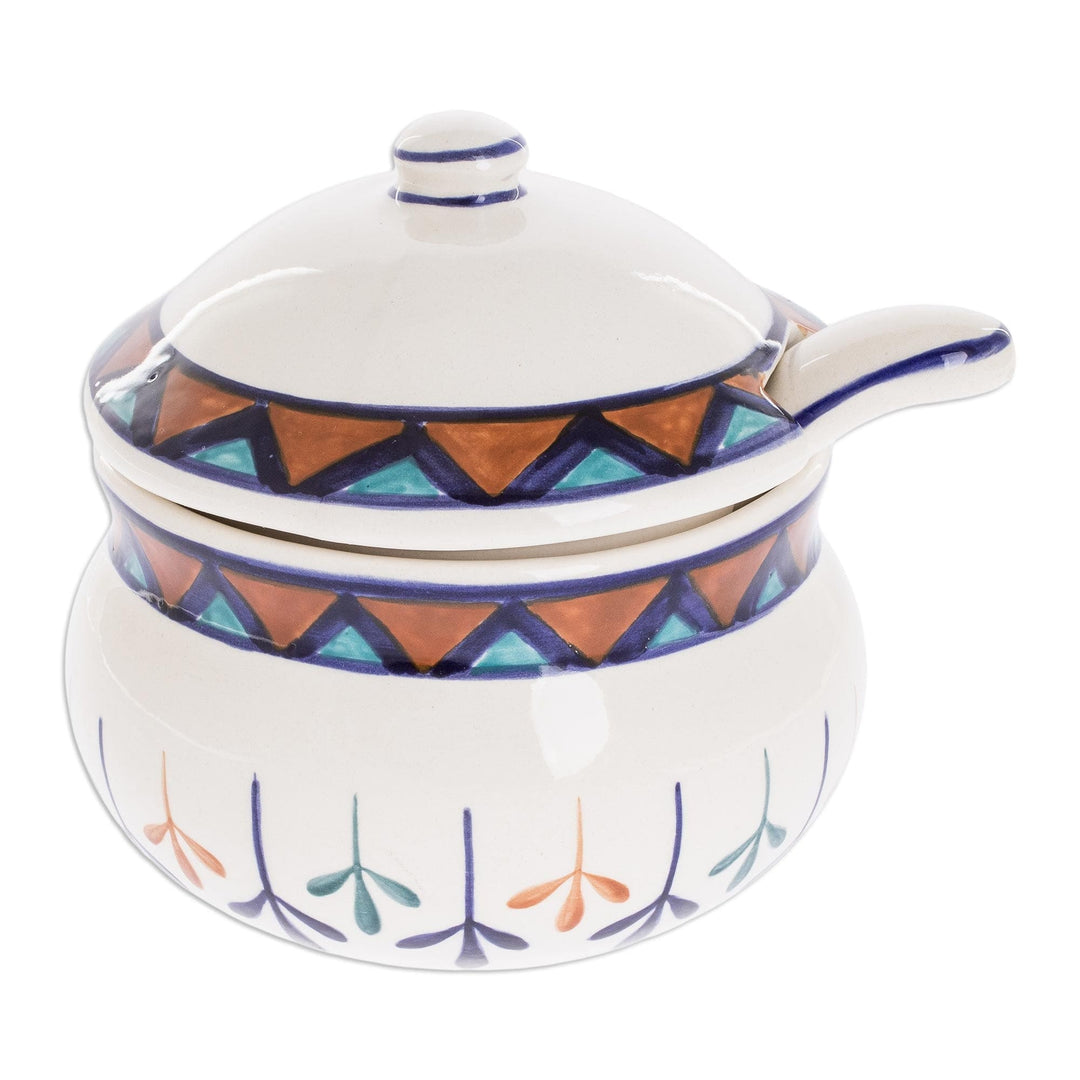 Off White Ceramic Sugar Bowl with Geometric Design - Antigua Breeze