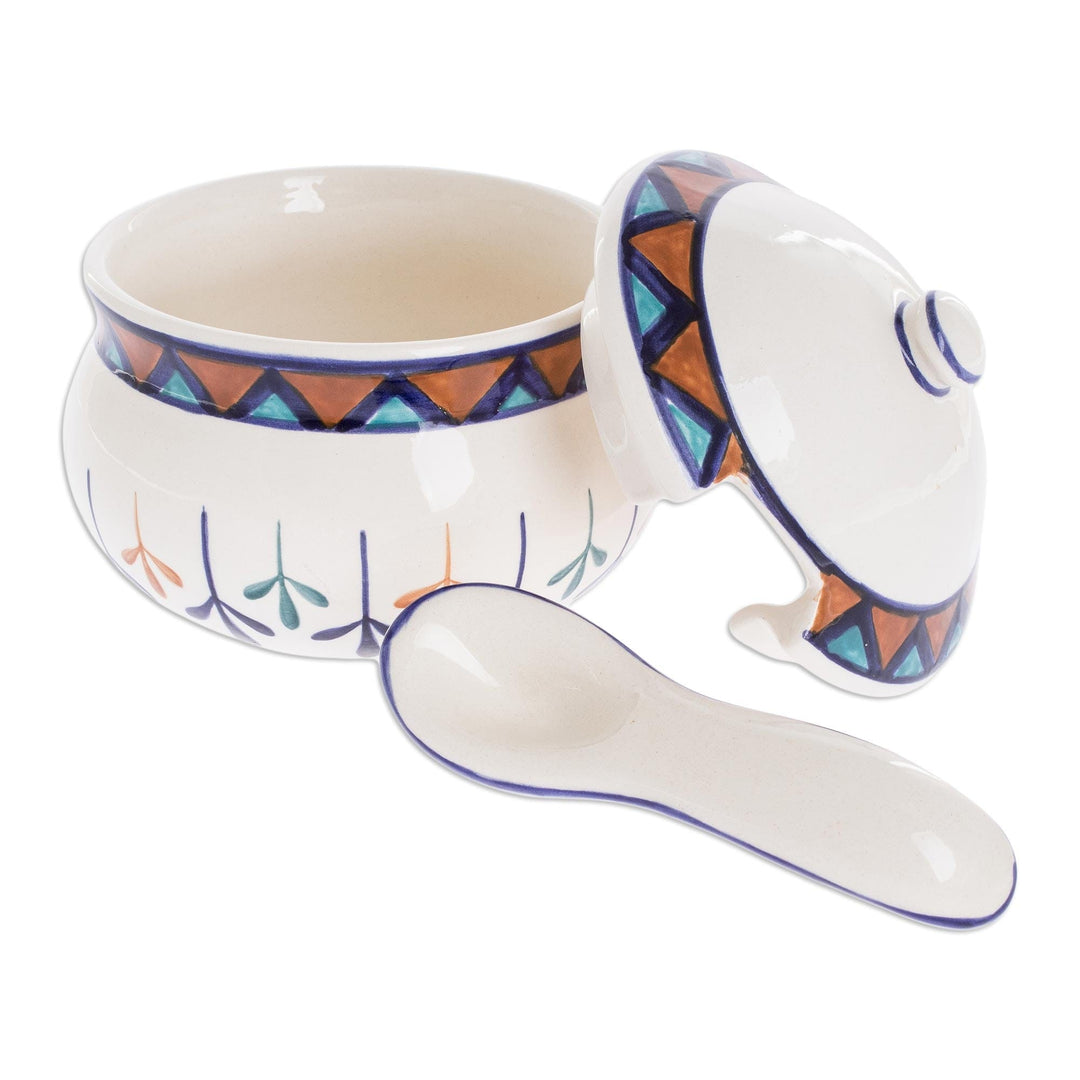 Off White Ceramic Sugar Bowl with Geometric Design - Antigua Breeze