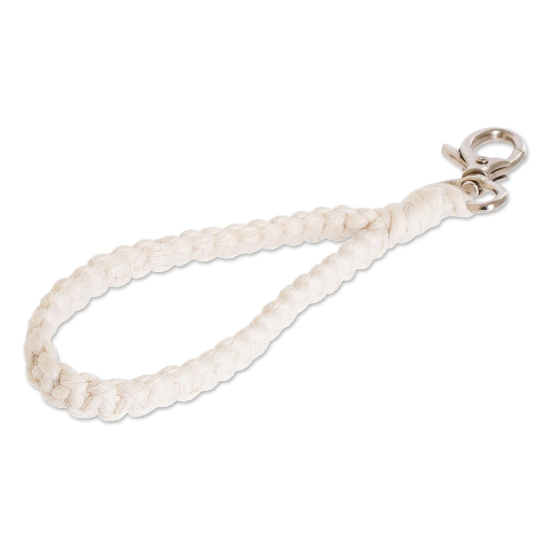 100% Cotton Macrame Strap Key Chain with Pewter Clasp - Knotted Ivory Band