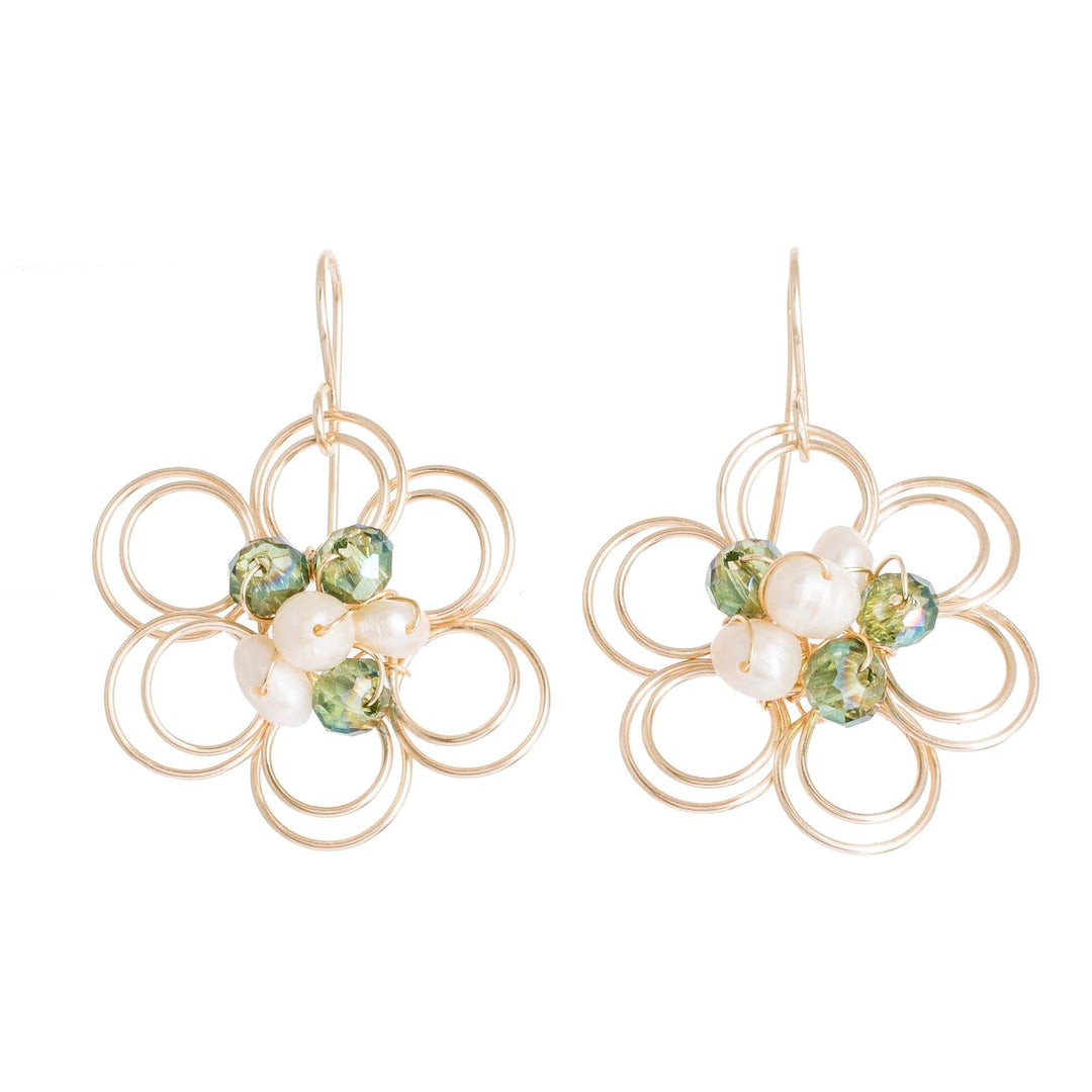 Flower-Shaped Cultured Pearl and Crystal Earrings - Golden Essence